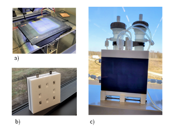 Fig.: The PV-integrated electrolyzer realized, with a) the CIGS PV module or test illumination, b) the 20cm by 20 cm newly designed electrolyzer element, and c) the completed assembly